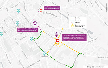 Ab Dienstag, 10. Juli, ist die Kreuzung Augsburger Straße / Sedanstraße gesperrt. Eine Umleitung ist ausgeschildert. Für Fußgänger bleibt die Kreuzung passierbar.  Grafik: Agentur Baur für die Stadt Günzburg