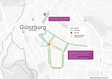 So sieht die Verkehrsführung ab dem 30. Juli aus: Die Augsburger Straße ist wieder befahrbar, die Baustellenampel am Bürgermeister-Landmann-Platz verschwindet. Am Stadtgraben kann ab 8. August wieder geparkt werden. Grafik: Agentur Baur für die Stadt Günzburg