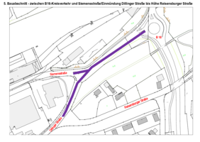 Plan: Die Hauptachse Augsburger Straße/Dillinger Straße/Bahnhofstraße ist durch den Wechsel des Bauabschnitts ab dem 12. November wieder für den motorisierten Verkehr geöffnet. Quelle: Stadtwerke Günzburg