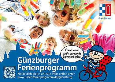 Anmeldungen zum Sommerferienprogramm der Stadt Günzburg sind ab dem 19. Mai online unter www.unser-ferienprogramm.de/guenzburg möglich. Grafik: Johanna Hofgärtner/Stadt Günzburg