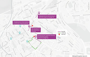 Ab Montag wird in der Augsburger Straße gebaut. Die Umleitung ist grün markiert und erfolgt mit einer Ampelregelung.  Grafik: Agentur Baur für die Stadt Günzburg